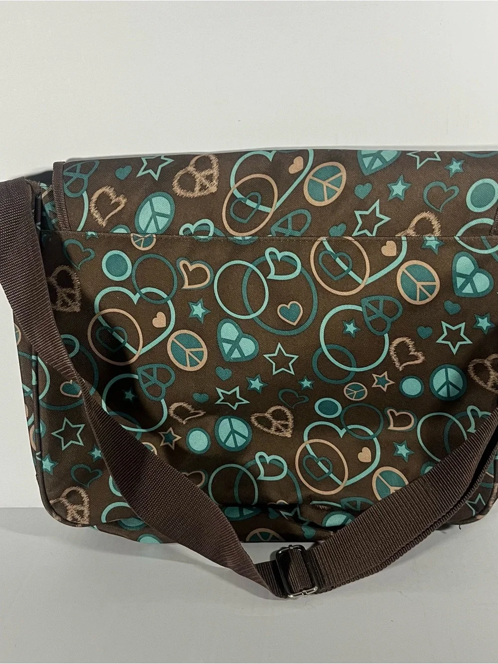 Mudd Brown Canvas Laptop Crossbody with Teal & Tan Peace Print